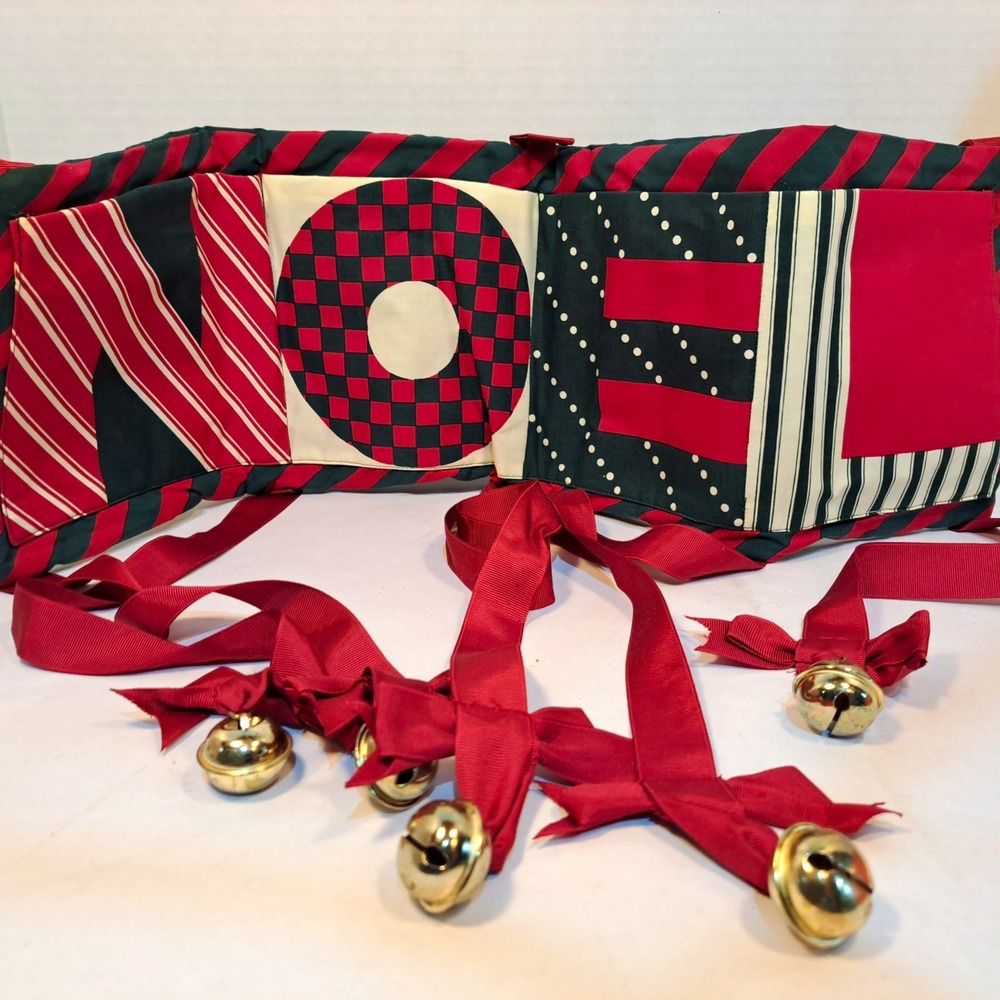 Christmas JOY/NOEL Fabric Door Hanger Patchwork w/ 4 Metallic Gold Sleigh Bells